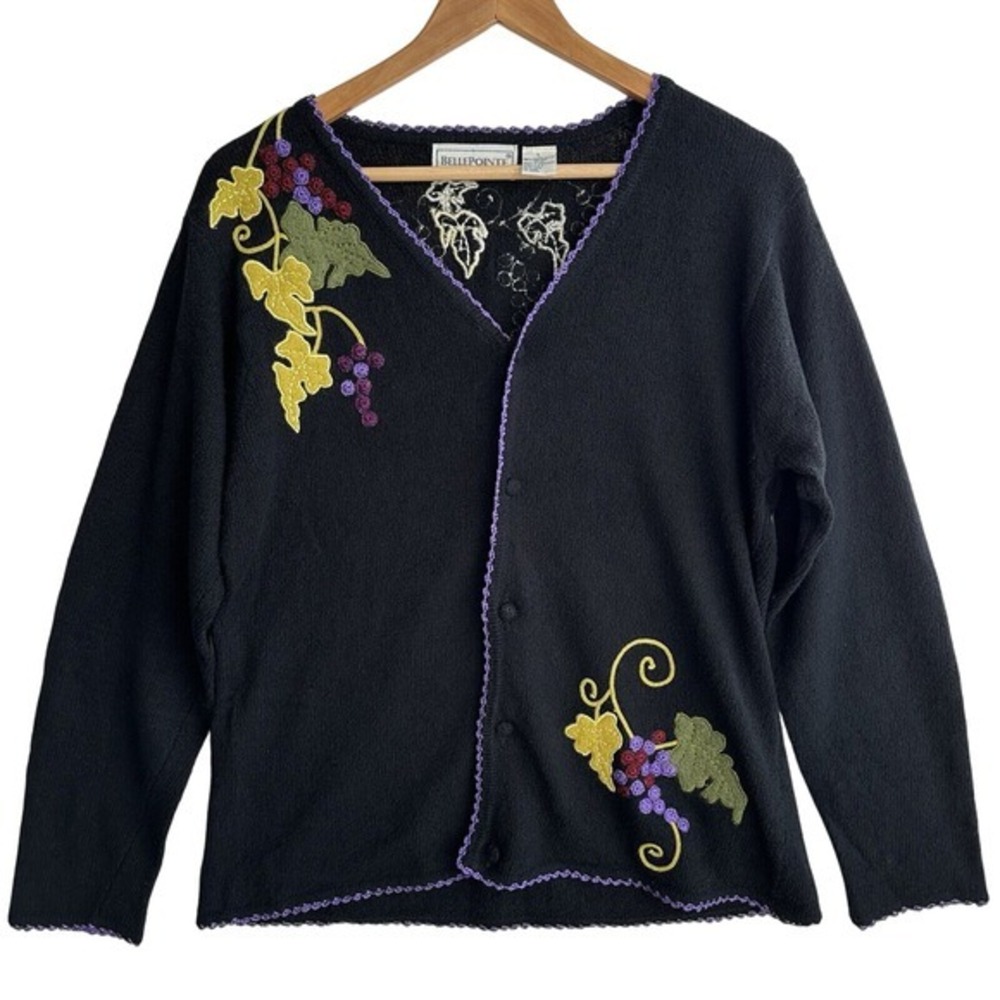 Vintage Belle Pointe Black 3D Knit Sweater Size Large Grape Vines Purple Trim